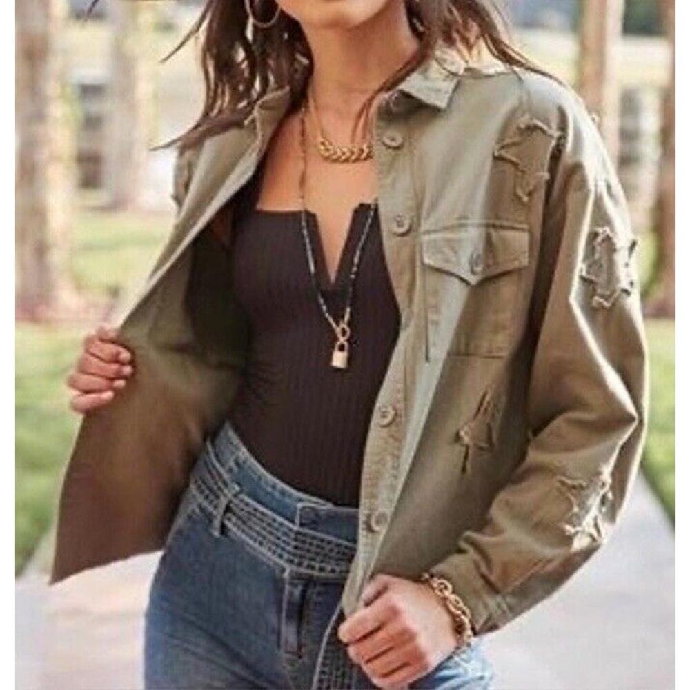 Newbury Kustom Women's Army Olive Green Short Utility Jacket M Button Up Stars